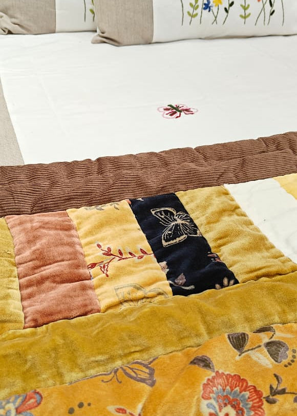 Star Velvet Patch Quilt Mustard Yellow