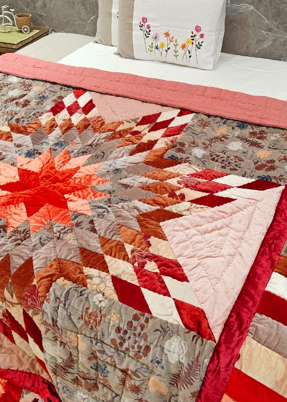 Star Velvet Patch Quilt Crimson Red
