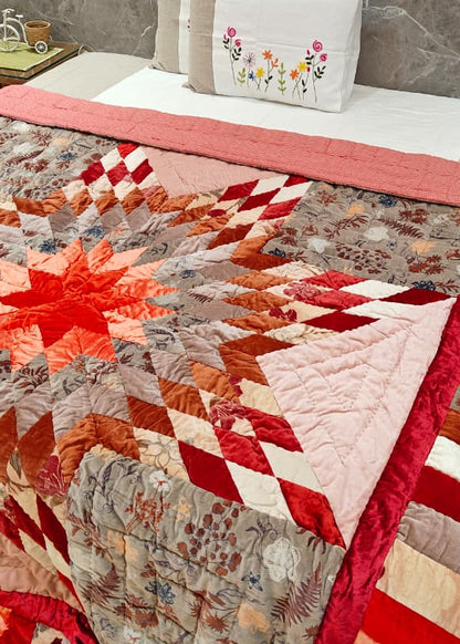 Star Velvet Patch Quilt Crimson Red