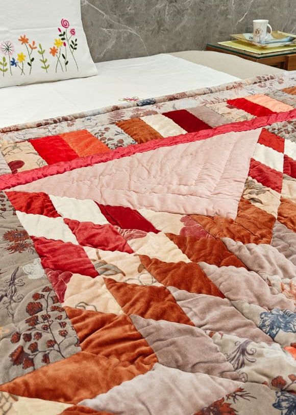 Star Velvet Patch Quilt Crimson Red