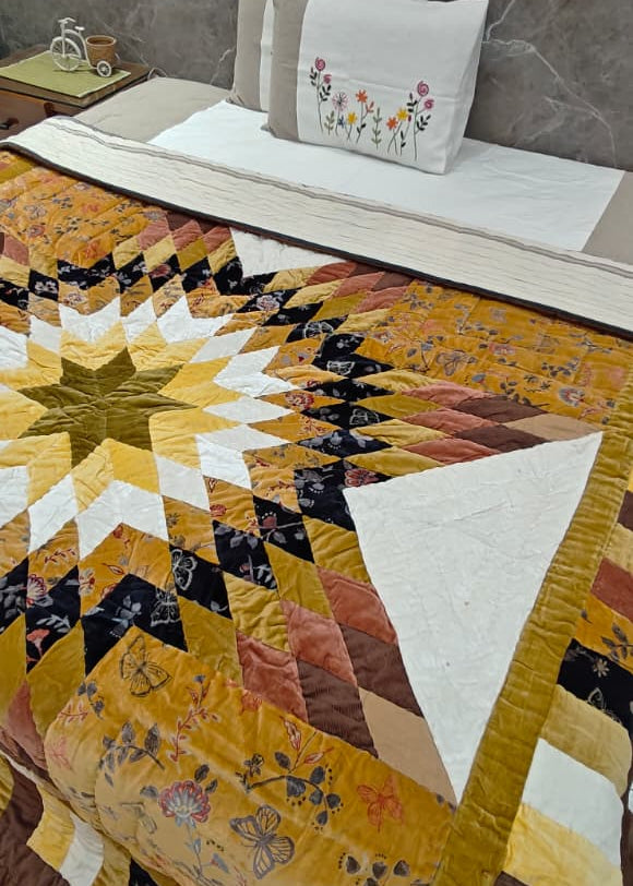 Star Velvet Patch Quilt Mustard Yellow