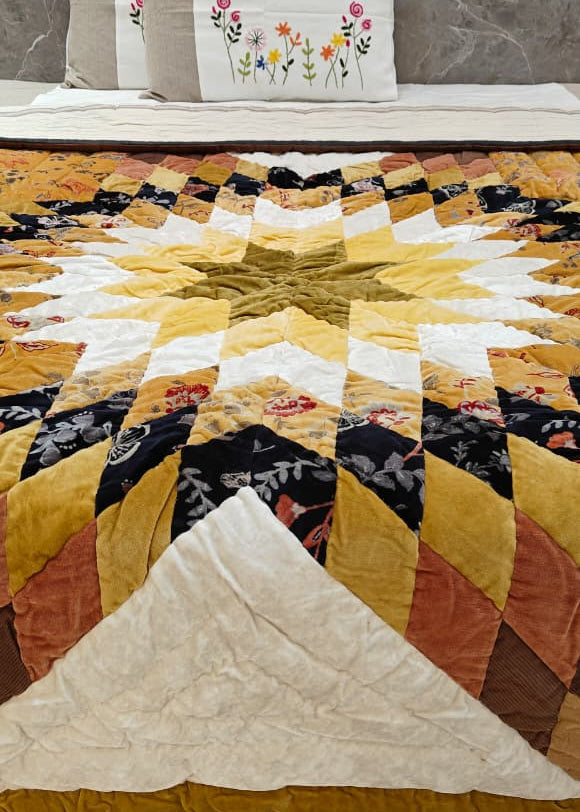 Star Velvet Patch Quilt Mustard Yellow