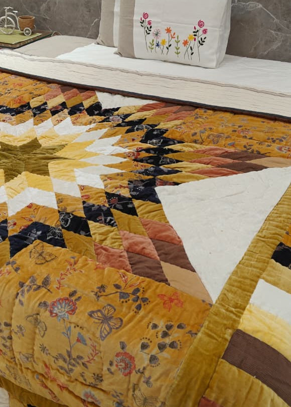 Star Velvet Patch Quilt Mustard Yellow