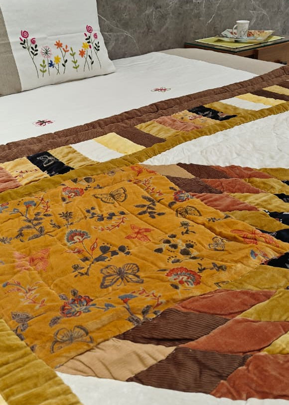 Star Velvet Patch Quilt Mustard Yellow