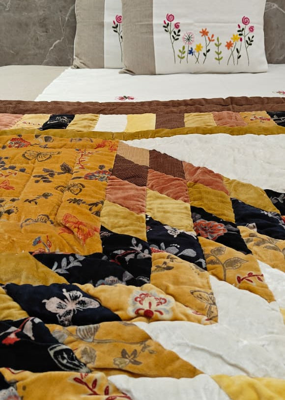 Star Velvet Patch Quilt Mustard Yellow