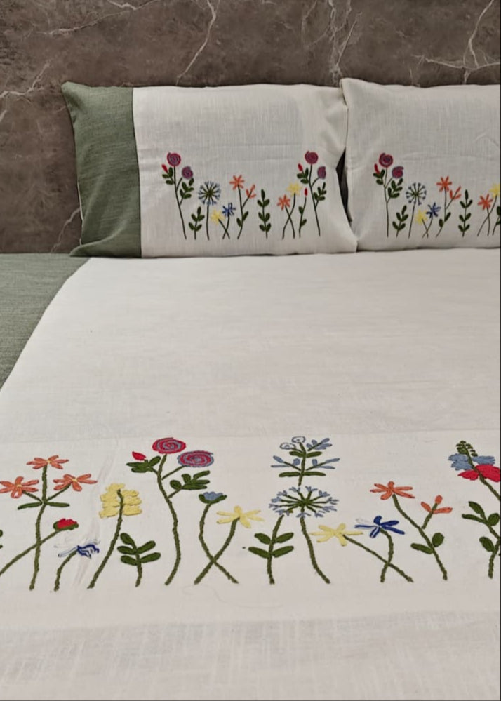 Tulip Hand Embroidered Bed Cover